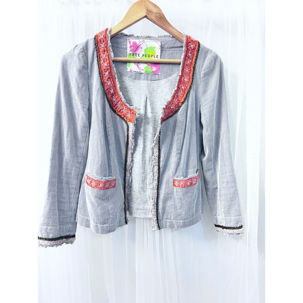 Free People Blue Pinstripe Beaded/ Embroidered Boho Open Front Jacket Size 4